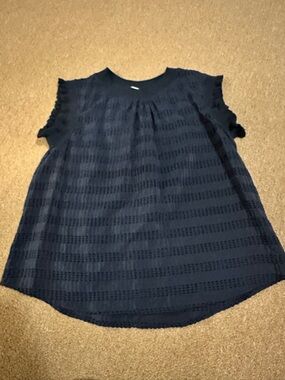 VOY Navy Textured Top with Ruffled Trim
